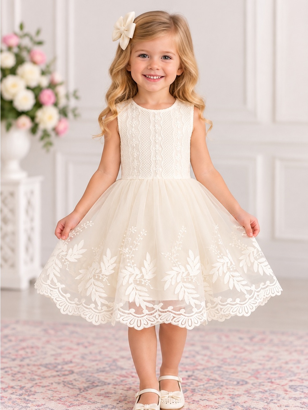 Doe a Dear Girls 5T Ivory Lace Tulle Dress + Rhinestone Bow NWOT